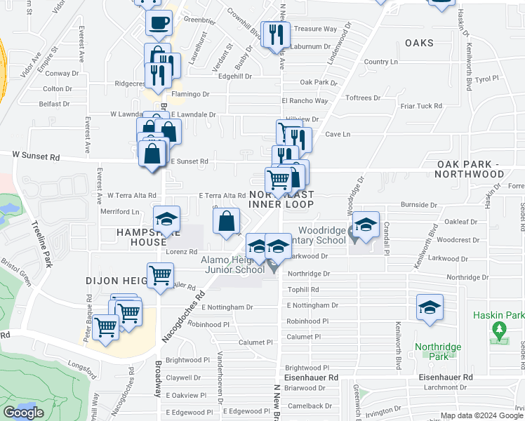 map of restaurants, bars, coffee shops, grocery stores, and more near 354 East Terra Alta Road in San Antonio