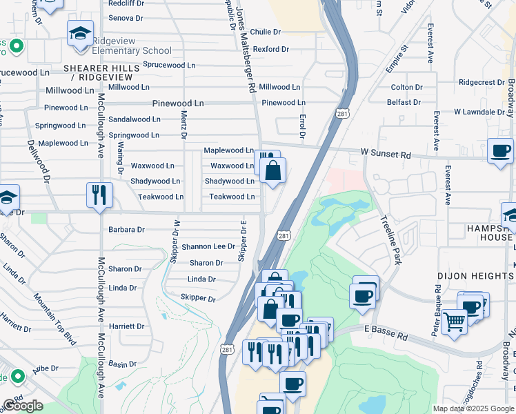 map of restaurants, bars, coffee shops, grocery stores, and more near 350 Teakwood Lane in San Antonio