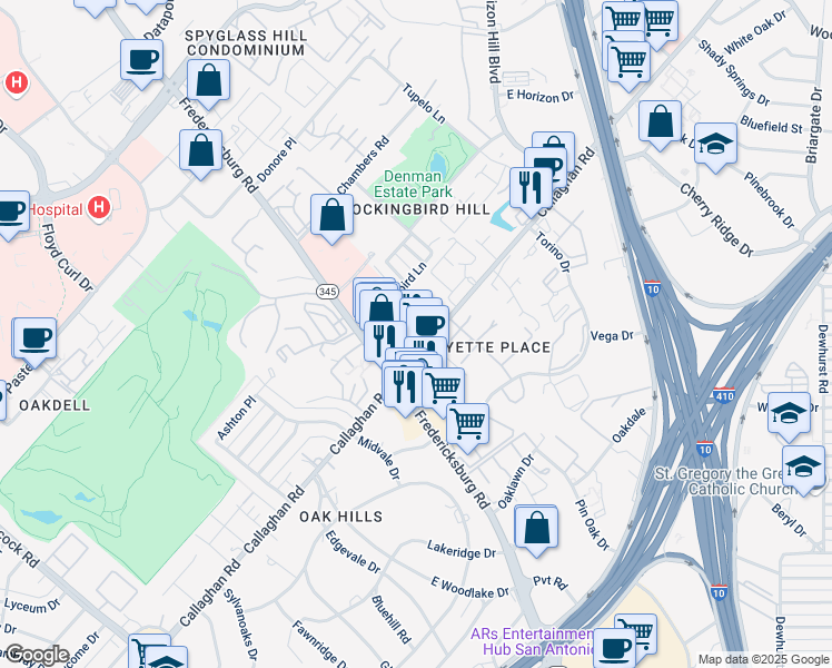 map of restaurants, bars, coffee shops, grocery stores, and more near 7551 Callaghan Road in San Antonio