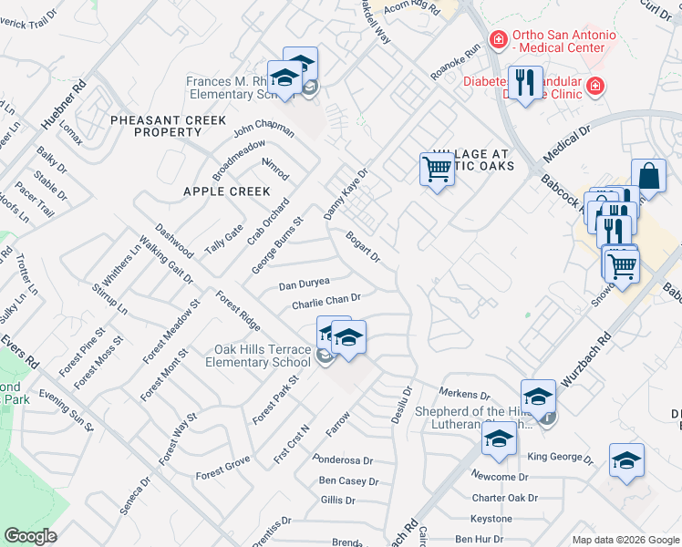 map of restaurants, bars, coffee shops, grocery stores, and more near 5704 Gomer Pyle Drive in San Antonio