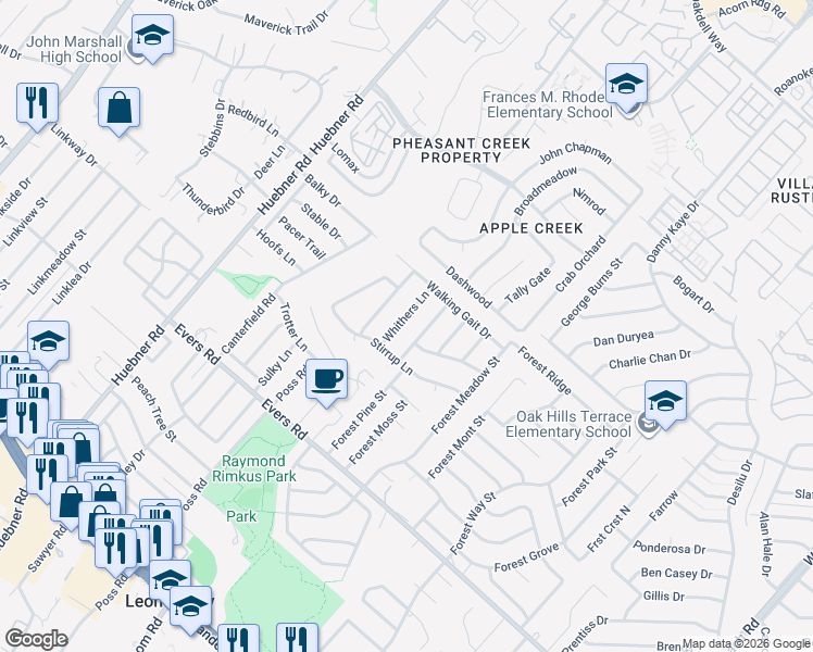 map of restaurants, bars, coffee shops, grocery stores, and more near 7422 High Stepper Lane in San Antonio