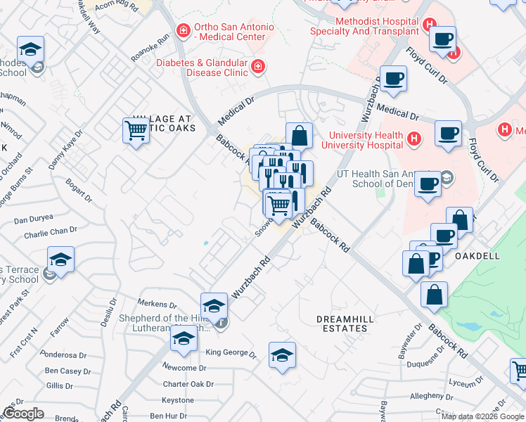map of restaurants, bars, coffee shops, grocery stores, and more near 7323 Snowden Road in San Antonio