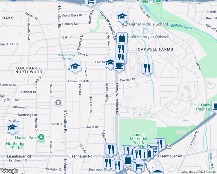map of restaurants, bars, coffee shops, grocery stores, and more near 3228 Urban Crest Drive in San Antonio