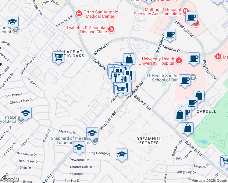 map of restaurants, bars, coffee shops, grocery stores, and more near 2414 Babcock Road in San Antonio