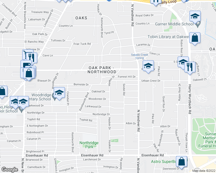 map of restaurants, bars, coffee shops, grocery stores, and more near 534 Burnside Dr in San Antonio