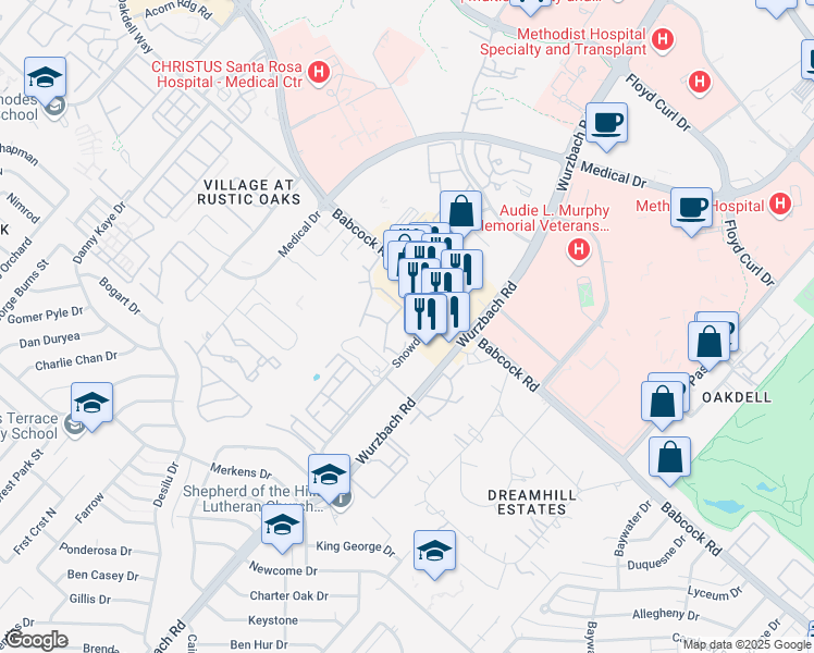 map of restaurants, bars, coffee shops, grocery stores, and more near 7323 Snowden Road in San Antonio