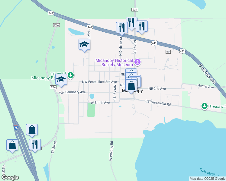 map of restaurants, bars, coffee shops, grocery stores, and more near 152 Northwest Seminary Avenue in Micanopy