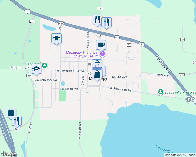 map of restaurants, bars, coffee shops, grocery stores, and more near in Micanopy