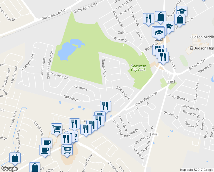 map of restaurants, bars, coffee shops, grocery stores, and more near 7415 Northallerton in Converse