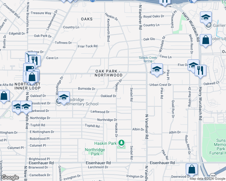 map of restaurants, bars, coffee shops, grocery stores, and more near 534 Burnside Drive in San Antonio
