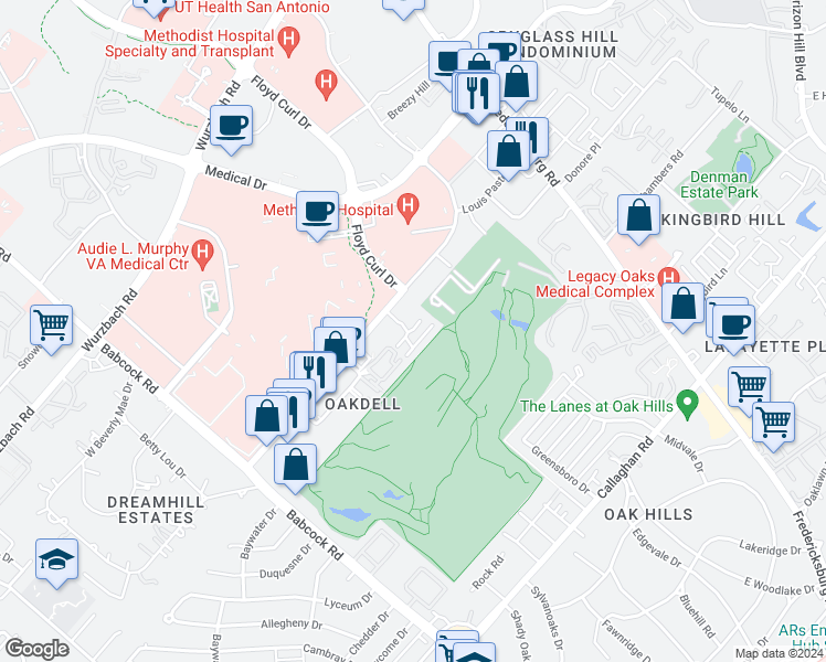 map of restaurants, bars, coffee shops, grocery stores, and more near 7458 Louis Pasteur Drive in San Antonio