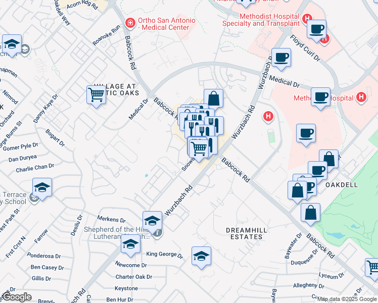 map of restaurants, bars, coffee shops, grocery stores, and more near 2414 Babcock Road in San Antonio