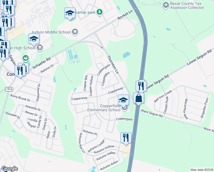 map of restaurants, bars, coffee shops, grocery stores, and more near 8314 Copperglen in Converse