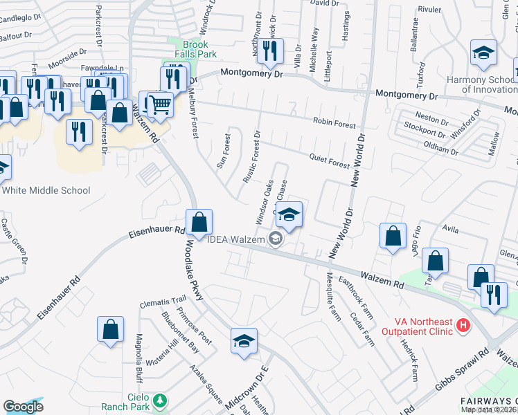 map of restaurants, bars, coffee shops, grocery stores, and more near 7555 Windsor Oaks in San Antonio