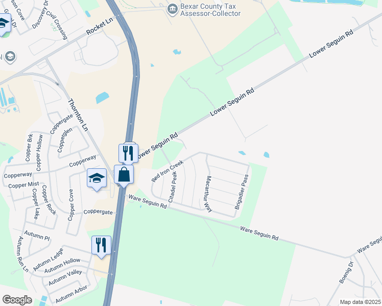 map of restaurants, bars, coffee shops, grocery stores, and more near 10007 Red Iron Creek in Converse