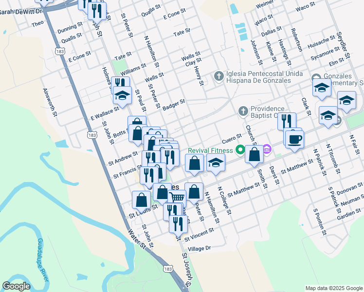 map of restaurants, bars, coffee shops, grocery stores, and more near 711 North Hamilton Street in Gonzales