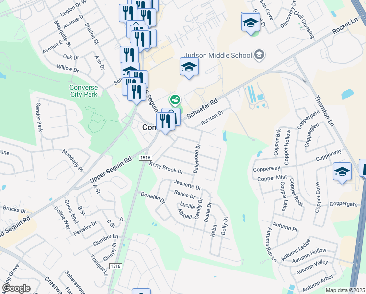 map of restaurants, bars, coffee shops, grocery stores, and more near 206 Royal Drive in Converse