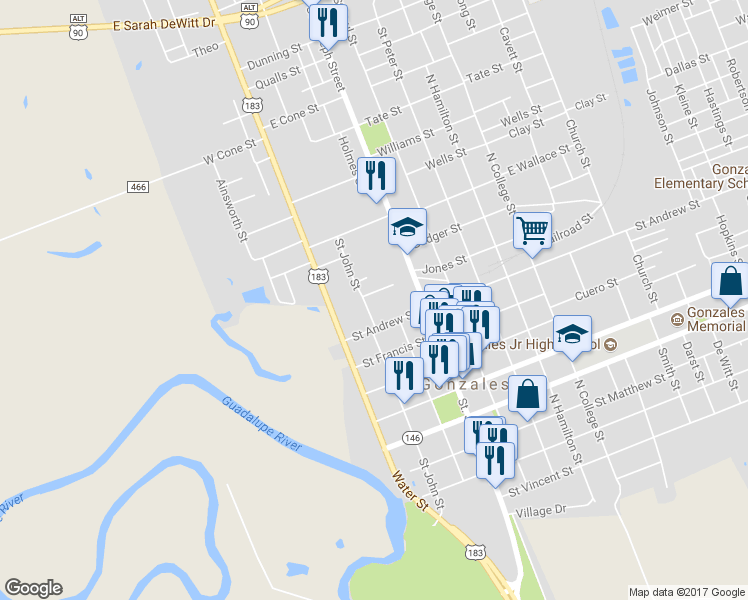 map of restaurants, bars, coffee shops, grocery stores, and more near 220 Thornton Street in Gonzales