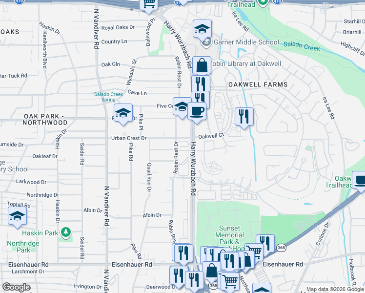 map of restaurants, bars, coffee shops, grocery stores, and more near 3228 Urban Crest Drive in San Antonio