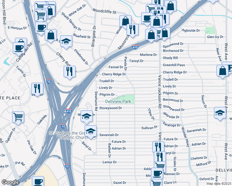 map of restaurants, bars, coffee shops, grocery stores, and more near 542 Lively Drive in San Antonio