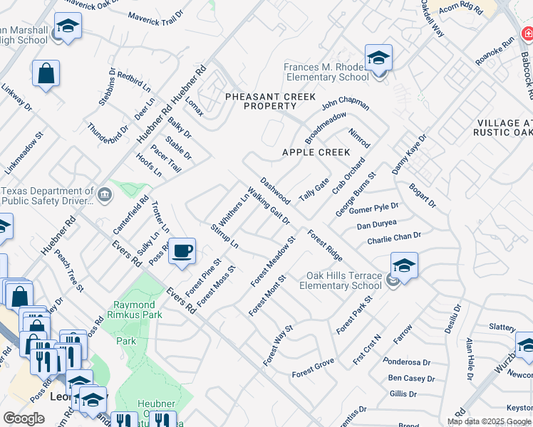 map of restaurants, bars, coffee shops, grocery stores, and more near 6103 Walking Gait Drive in San Antonio