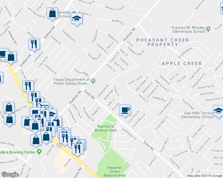 map of restaurants, bars, coffee shops, grocery stores, and more near 7235 Bridle Path in San Antonio