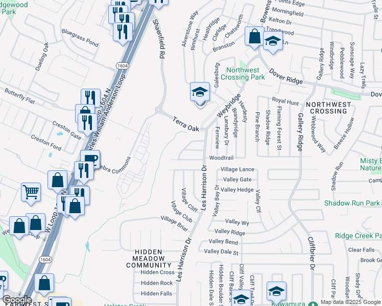 map of restaurants, bars, coffee shops, grocery stores, and more near 10134 Pebblestone in San Antonio