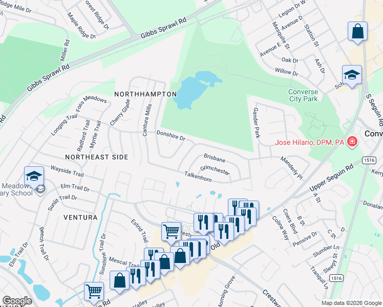 map of restaurants, bars, coffee shops, grocery stores, and more near 8050 Swindow Circle in Converse