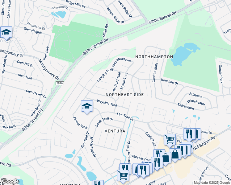map of restaurants, bars, coffee shops, grocery stores, and more near 7411 Radford Trail in San Antonio
