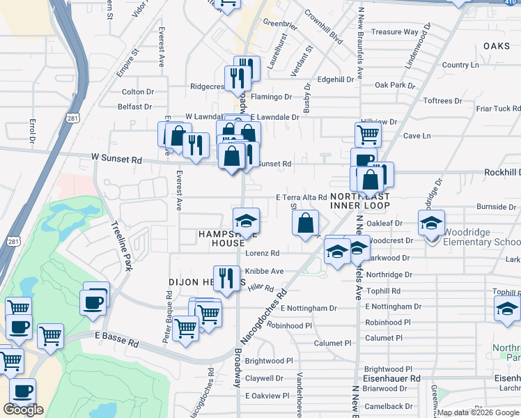 map of restaurants, bars, coffee shops, grocery stores, and more near 7615 Vinewood Court in San Antonio