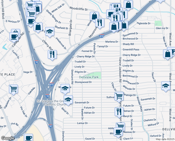 map of restaurants, bars, coffee shops, grocery stores, and more near 542 Lively Drive in San Antonio