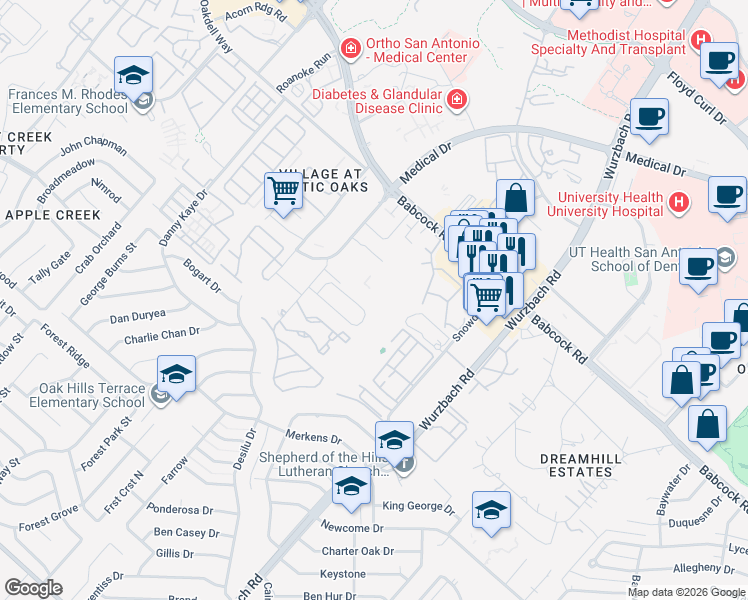 map of restaurants, bars, coffee shops, grocery stores, and more near 5380 Medical Drive in San Antonio