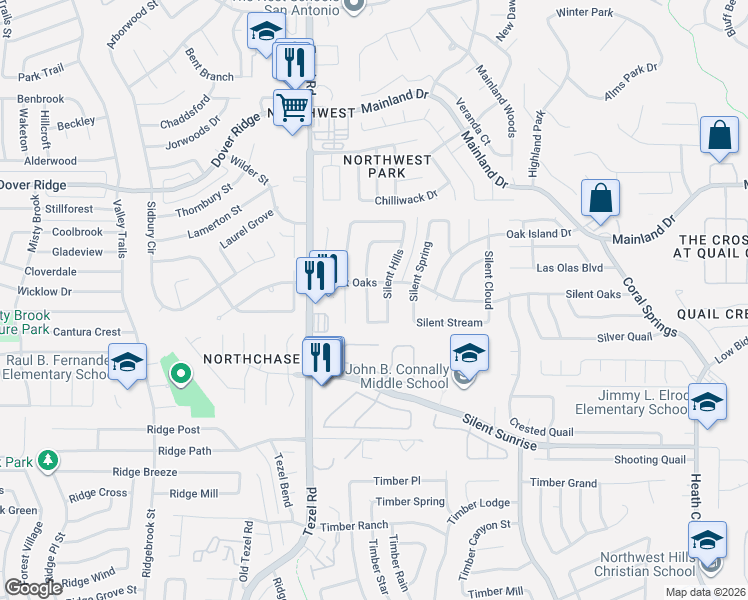 map of restaurants, bars, coffee shops, grocery stores, and more near 7326 Peaceful Meadows in San Antonio