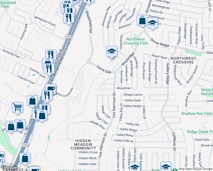 map of restaurants, bars, coffee shops, grocery stores, and more near 10134 Pebblestone in San Antonio