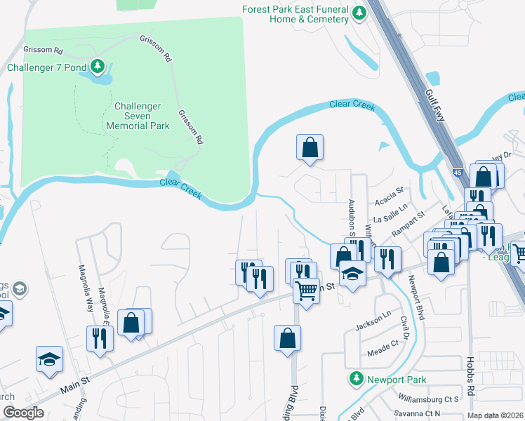map of restaurants, bars, coffee shops, grocery stores, and more near 380 Amber Lane in League City