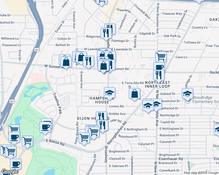 map of restaurants, bars, coffee shops, grocery stores, and more near 7870 Broadway in San Antonio