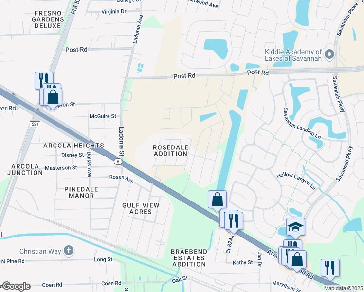 map of restaurants, bars, coffee shops, grocery stores, and more near 5406 Linda Drive in Rosharon