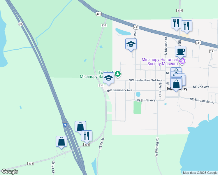 map of restaurants, bars, coffee shops, grocery stores, and more near 802 Northwest Seminary Avenue in Micanopy