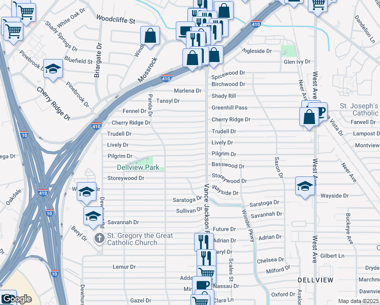 map of restaurants, bars, coffee shops, grocery stores, and more near 427 Pilgrim Drive in San Antonio