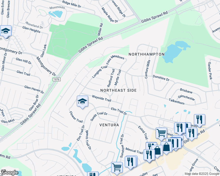 map of restaurants, bars, coffee shops, grocery stores, and more near 7411 Radford Trail in San Antonio