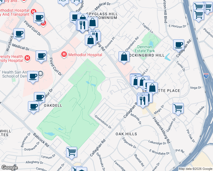 map of restaurants, bars, coffee shops, grocery stores, and more near 5351 Fredericksburg Road in San Antonio