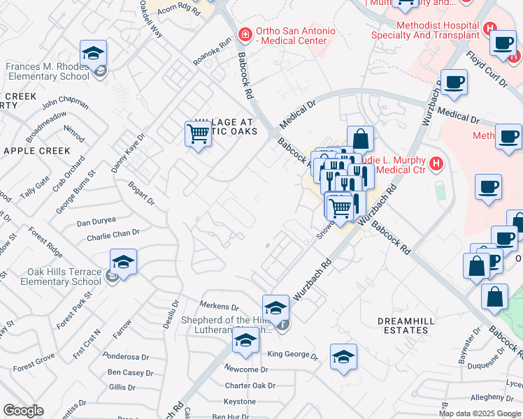 map of restaurants, bars, coffee shops, grocery stores, and more near 5380 Medical Drive in San Antonio