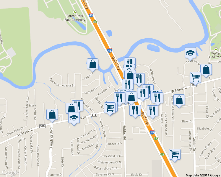 map of restaurants, bars, coffee shops, grocery stores, and more near 1803 Rampart St in League City