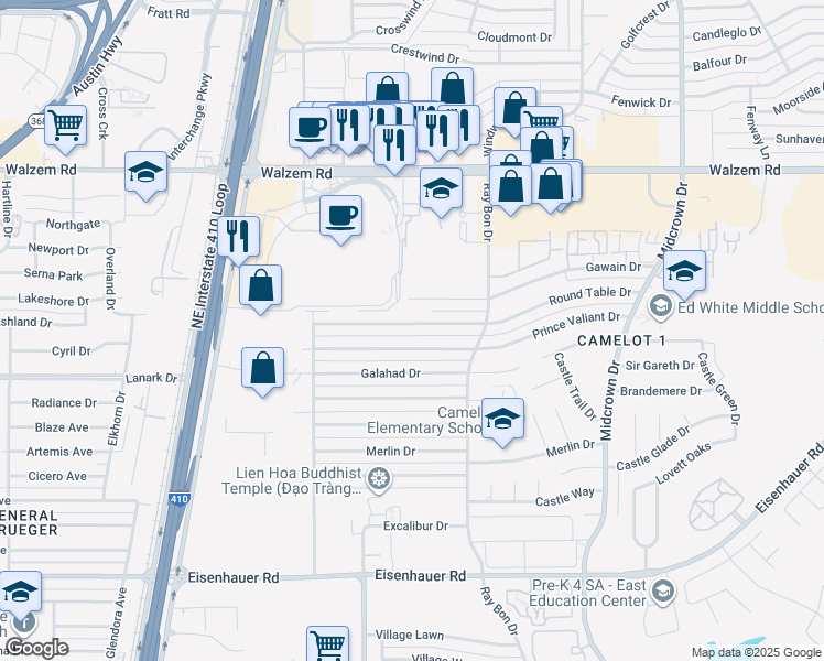 map of restaurants, bars, coffee shops, grocery stores, and more near 5102 Round Table Drive in San Antonio
