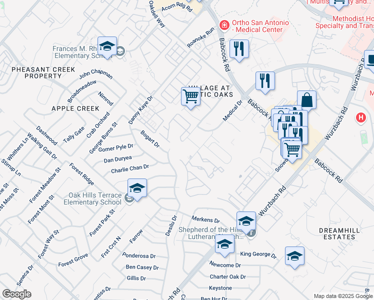 map of restaurants, bars, coffee shops, grocery stores, and more near 5455 Rowley Road in San Antonio