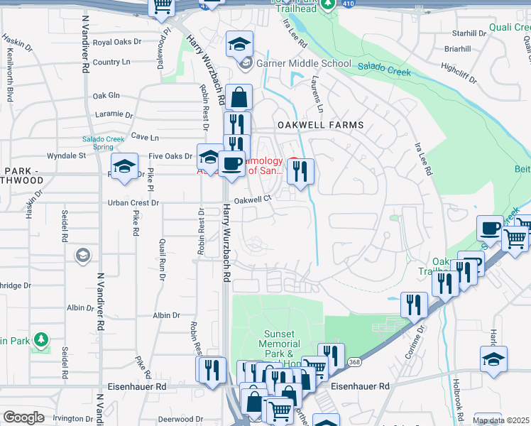 map of restaurants, bars, coffee shops, grocery stores, and more near 3316 Oakwell Court in San Antonio