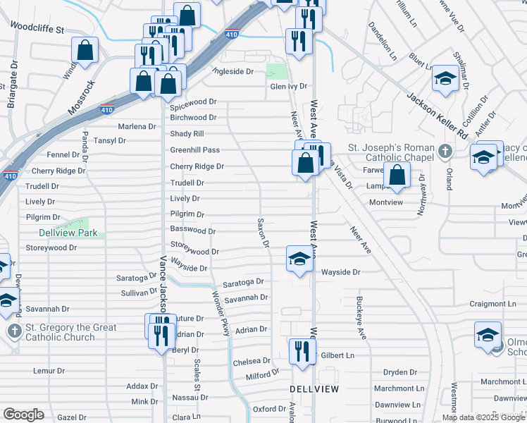 map of restaurants, bars, coffee shops, grocery stores, and more near 163 Pilgrim Drive in San Antonio