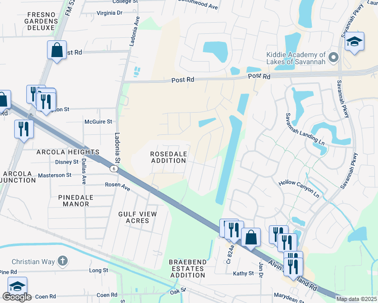 map of restaurants, bars, coffee shops, grocery stores, and more near 5406 Linda Dr in Rosharon