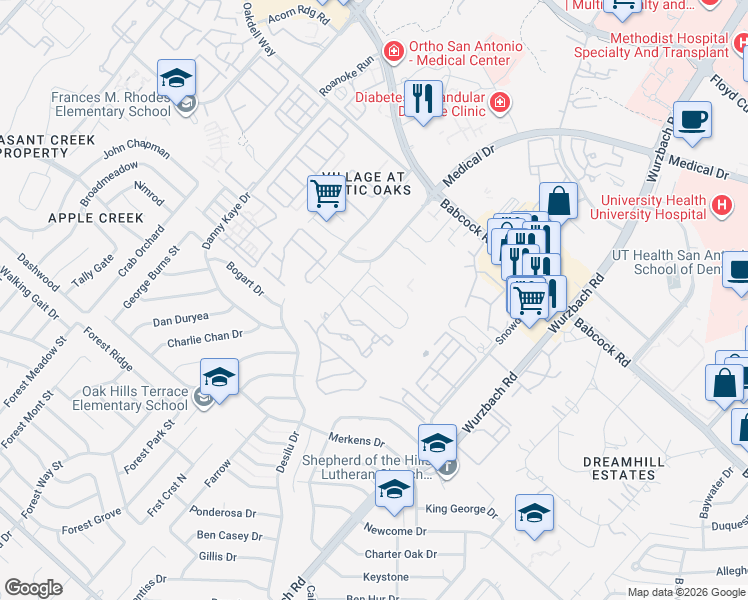 map of restaurants, bars, coffee shops, grocery stores, and more near 5123 Tomas Circle in San Antonio
