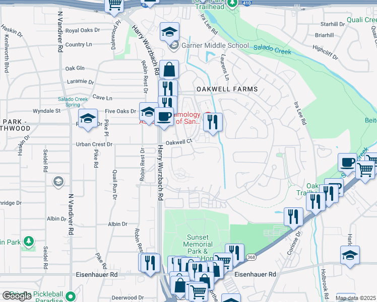 map of restaurants, bars, coffee shops, grocery stores, and more near 3316 Oakwell Court in San Antonio